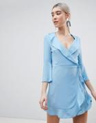 Outrageous Fortune Ruffle Wrap Dress With Fluted Sleeve - Blue