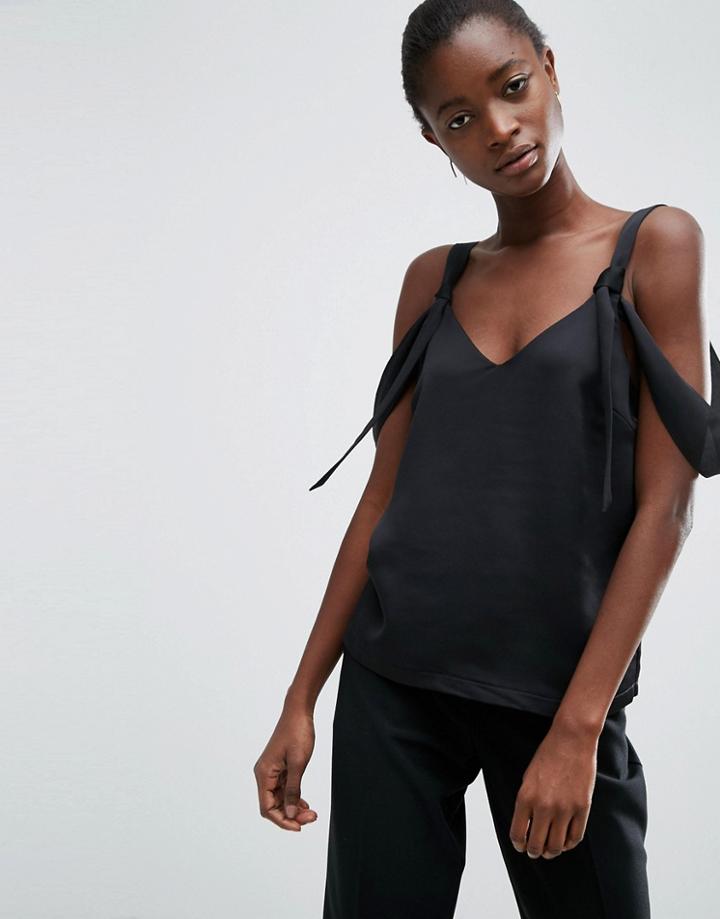 Asos Satin Cami With Cold Shoulder Tie Detail - Black