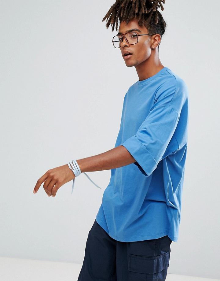 Asos Super Oversized T-shirt With Deep Roll Sleeve In Blue - Blue