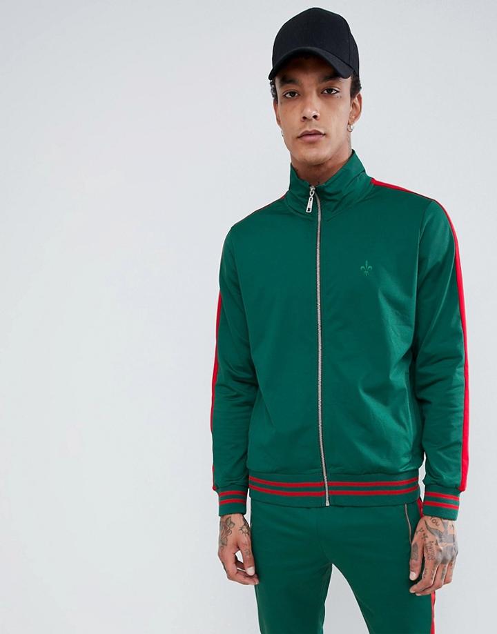 Criminal Damage Track Jacket In Green With Red Side Stripe - Green