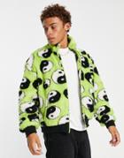 Asos Design Graphic Printed Borg Walker Jacket In Green