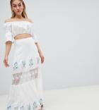 Boohoo Embroidered Lace Insert Tiered Maxi Skirt - White