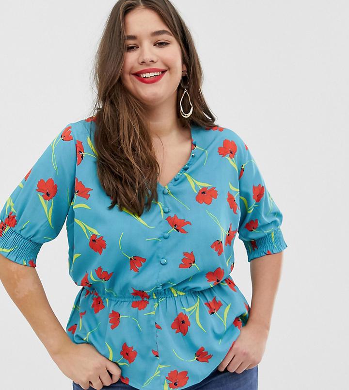 Influence Plus Floral Print Button Through Blouse - Blue
