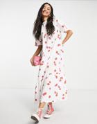 Nobody's Child Tiered Smock Midi Dress In Cream Strawberry Print-white