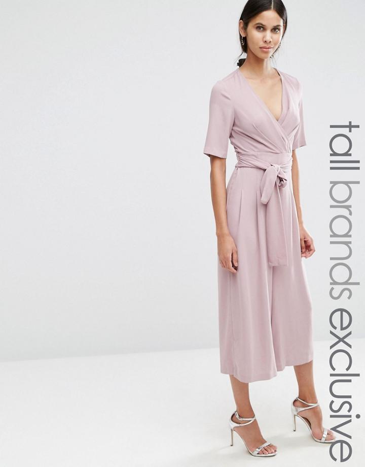 True Decadence Tall Wrap Front Culotte Jumpsuit With Tie Waist - Pink