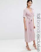 True Decadence Tall Wrap Front Culotte Jumpsuit With Tie Waist - Pink