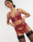 Gossard Suspender With Dobby And Floral Mesh In Bordo Red