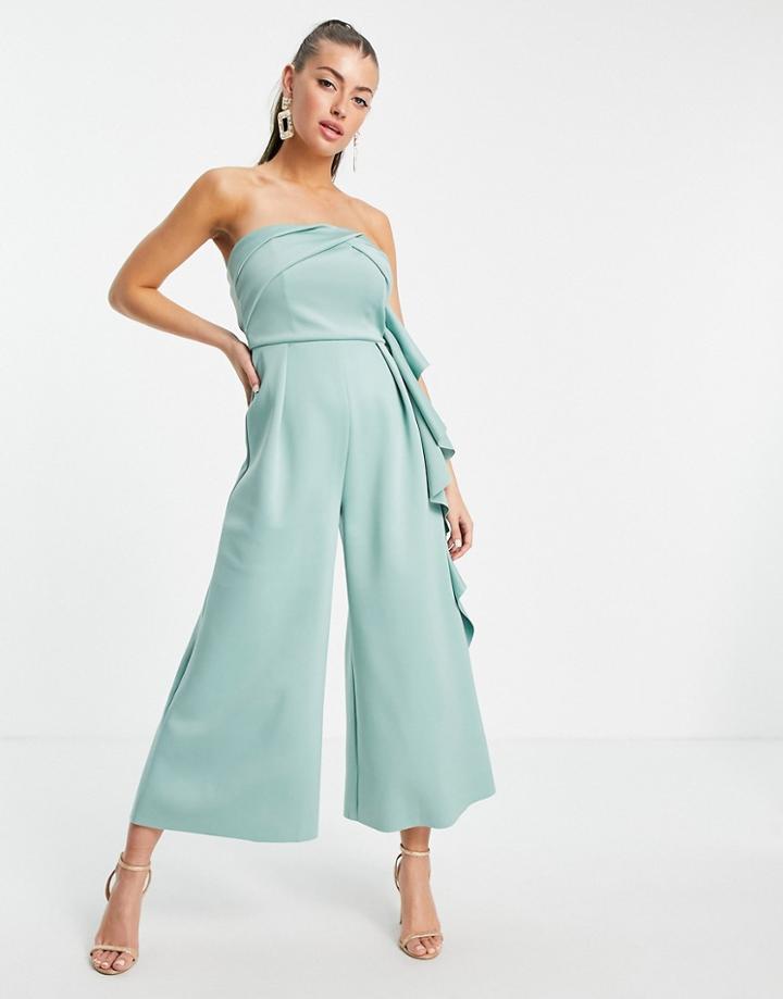 Asos Design Bandeau Scuba Jumpsuit With Ruffle-green