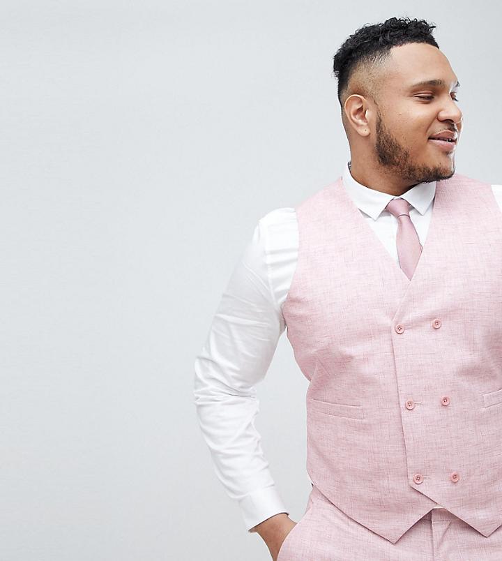Asos Design Plus Wedding Skinny Suit Vest In Pink Cross Hatch With Printed Lining - Pink