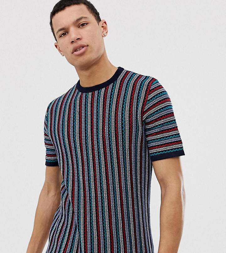 Asos Design Tall Knitted T-shirt With Zig Zag Stripe In Navy