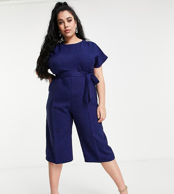 Closet London Plus Cap Sleeve Tie Waist Wide Leg Cropped Jumpsuit In Navy