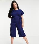 Closet London Plus Cap Sleeve Tie Waist Wide Leg Cropped Jumpsuit In Navy