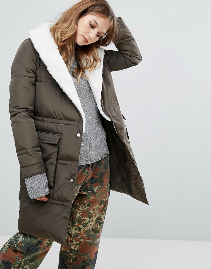 Urbancode Quilted Longline Coat With Borg Trim - Green