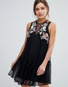 Asos Floral Embellished Dobby Mesh Smock Mini Dress - Black