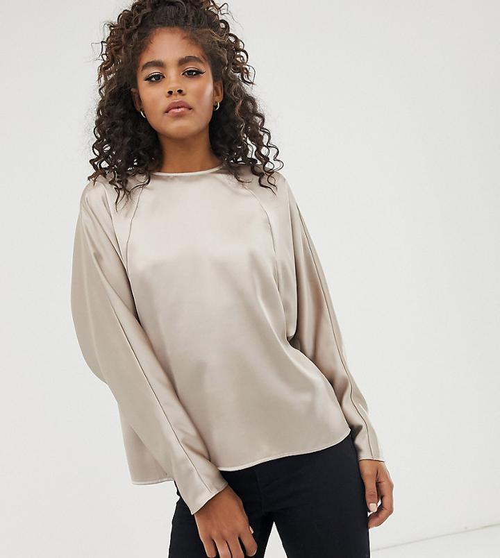 Asos Design Tall Satin Batwing Top With Wrap Back-gray