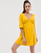Asos Design V Neck Frill Sleeve Smock Dress - Yellow