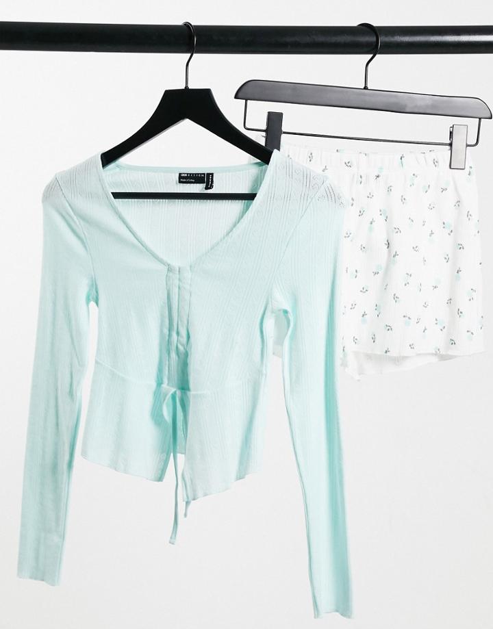 Asos Design Pointelle Long Sleeve Top And Floral Short In Blue And White-multi