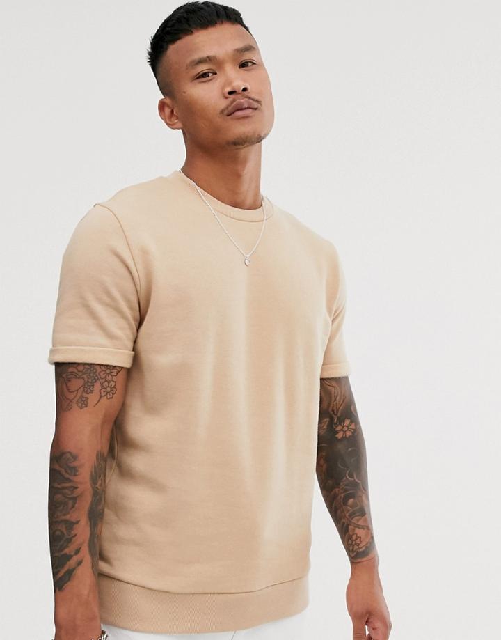 Asos Design Short Roll Sleeve Sweatshirt In Beige - Beige
