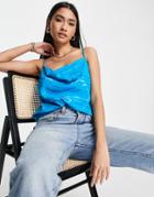 River Island Jacquard Satin Cami In Blue Zebra