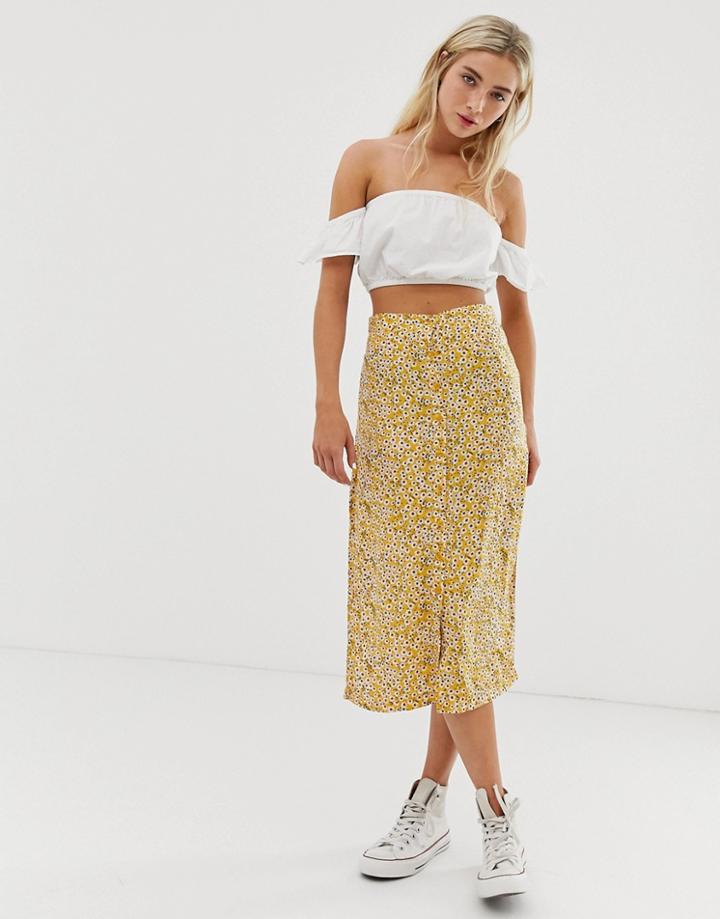 Daisy Street Button Through Midi Skirt In Sunflower Print-yellow