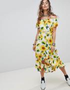 Kiss The Sky Off The Shoulder Button Front Midi Tea Dress In Sunflower Print - Yellow