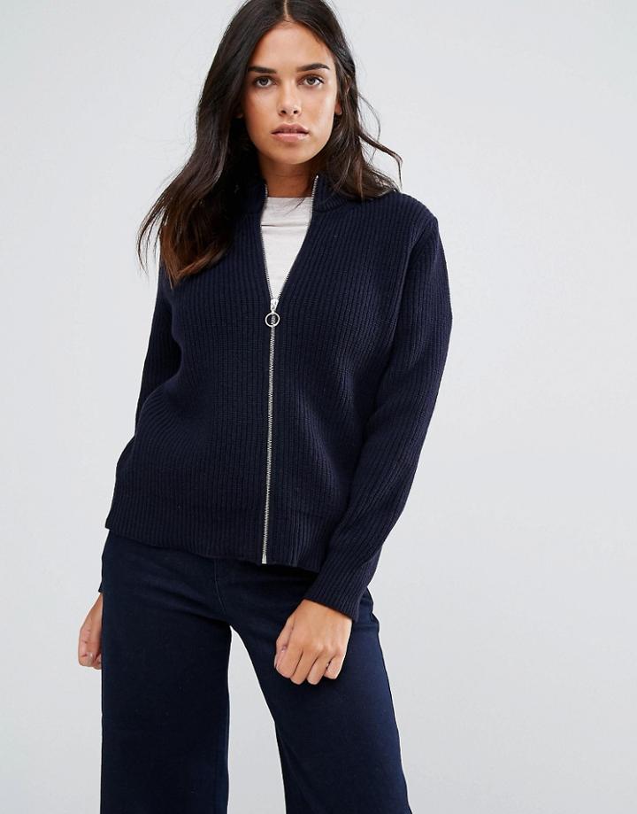 Ymc Merino Wool Knit Bomber Zip Cardigan - Blue