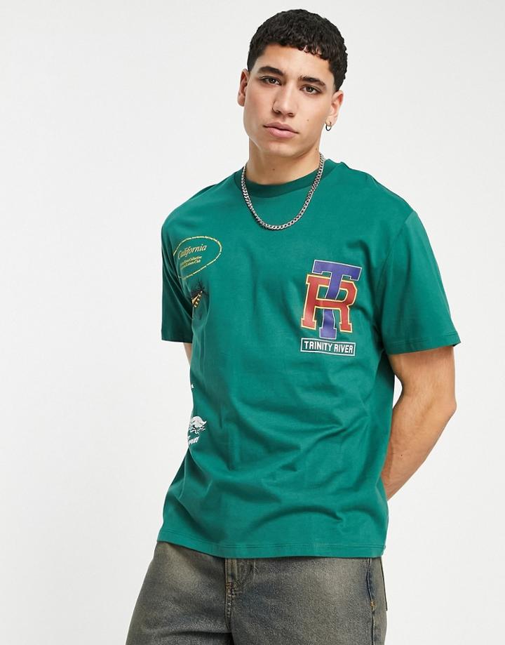 Asos Design Relaxed T-shirt In Green With All Over Varsity Prints