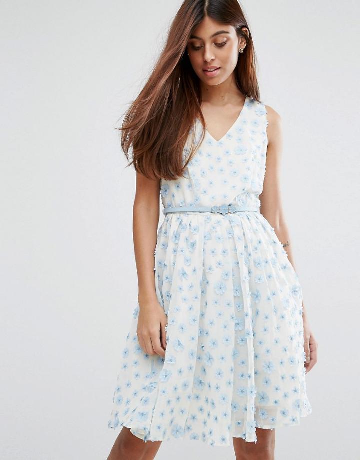 Darling Lace Belted Skater Dress - Blue
