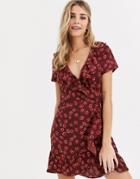 Brave Soul Leandra Wrap Dress With Frill In Ditsy Print-multi