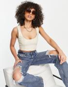 Rebellious Fashion Leather Look Crop Top In Ecru - Part Of A Set-neutral
