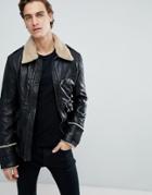 Black Dust Cuba Worn Leather Jacket With Faux Fur Trim - Black