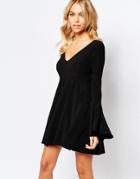 Love Plunge Front Mini Skater Dress With Fluted Sleeve - Black