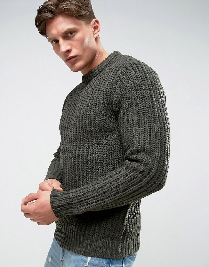 Brave Soul Heavy Fisherman Rib Sweater - Green