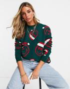 Asos Design Christmas Sweater With Smile Face Pattern In Green