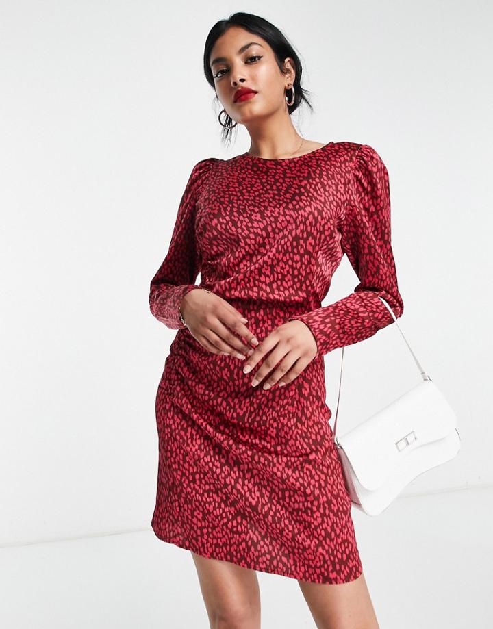 Vila Satin Mini Dress With Ruched Side In Red Animal Print-pink