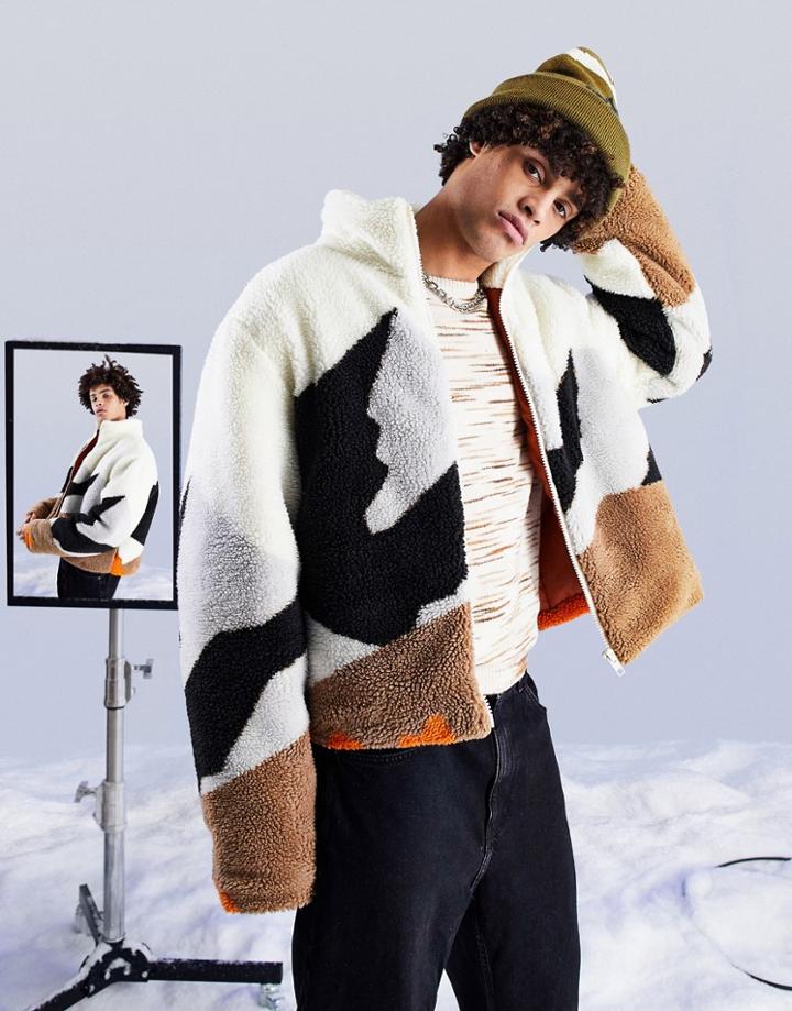 Asos Design Jacket In Printed Sherpa-brown