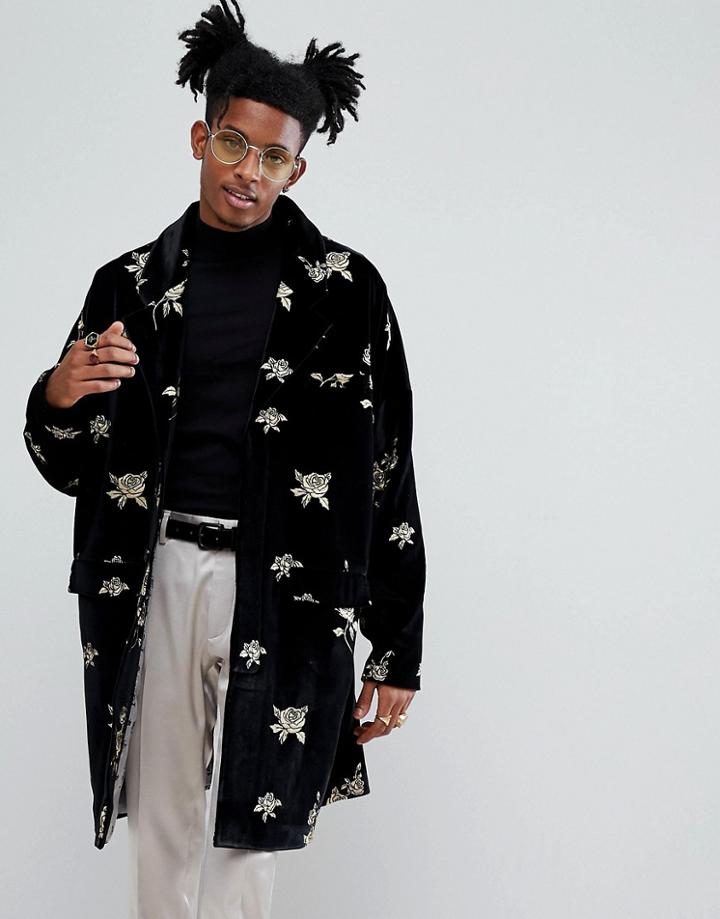 Noose & Monkey Embroidered Velvet Duster Coat - Black
