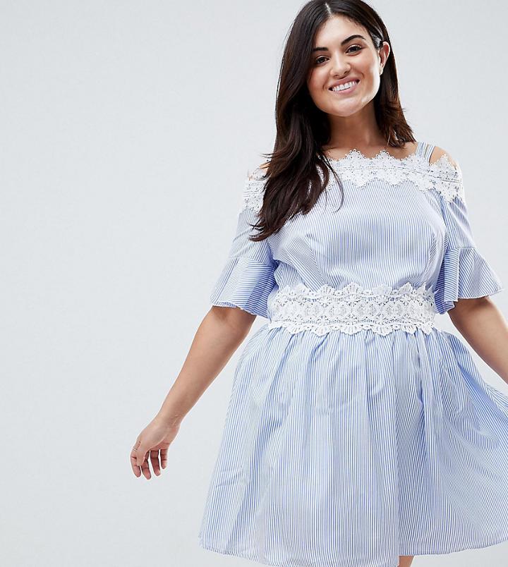 Koko Stripe Lace Trim Cold Shoulder Skater Dress - Blue