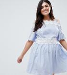 Koko Stripe Lace Trim Cold Shoulder Skater Dress - Blue