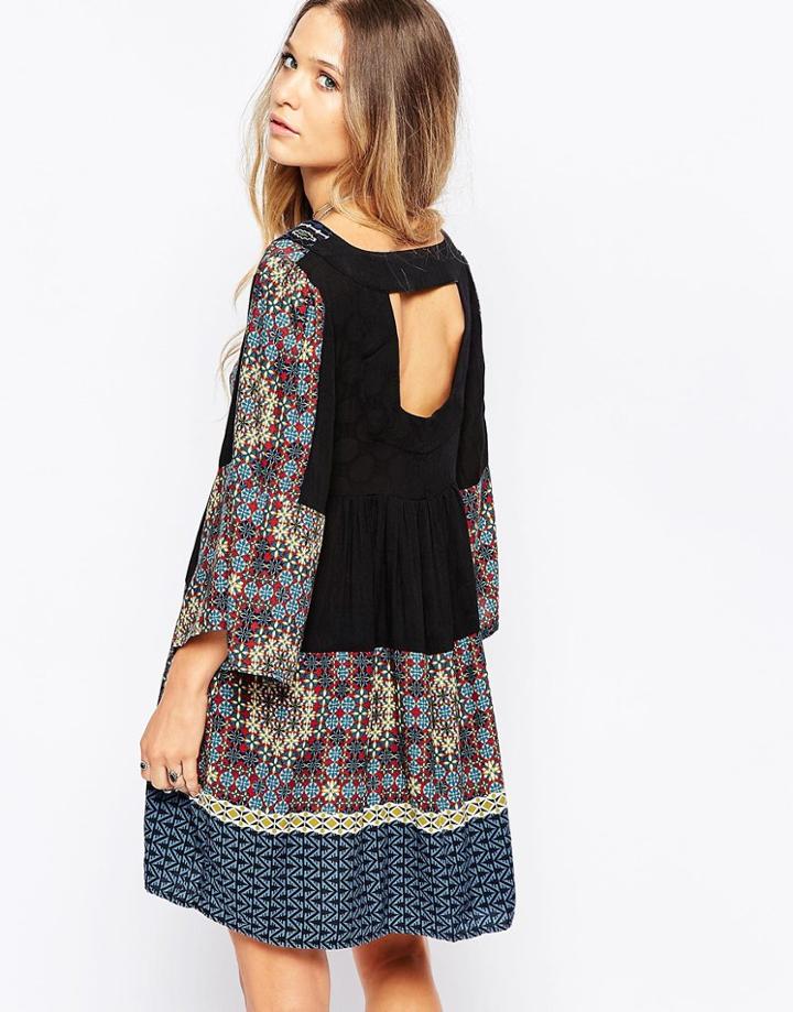 Hazel Folk Print Shift Dress With Cut Out Back - Black