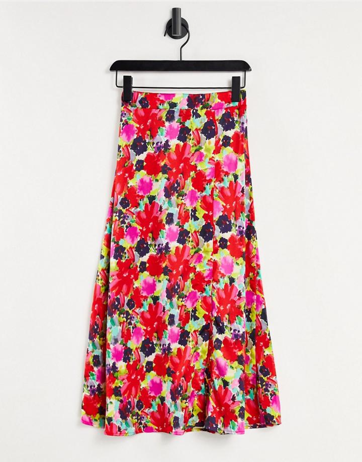 Liquorish Midi Skirt With Slit In Floral Print-multi