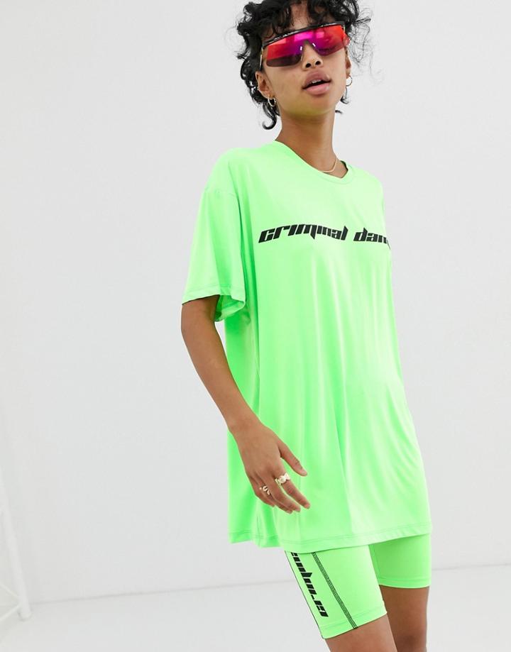 Criminal Damage Oversized T-shirt With Logo In Neon - Green