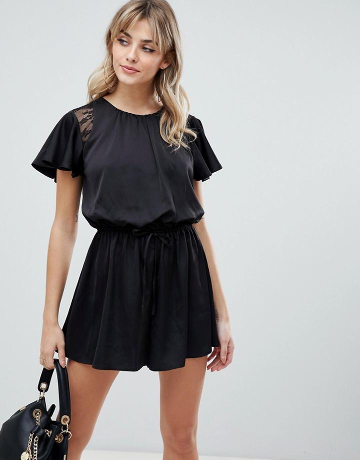 Asos Design Flutter Sleeve Lace Insert Open Back Romper - Black
