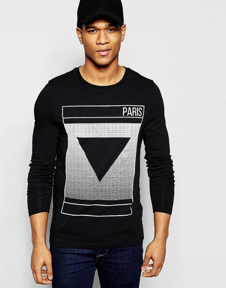 Asos Muscle Long Sleeve T-shirt With Paris Print - Black