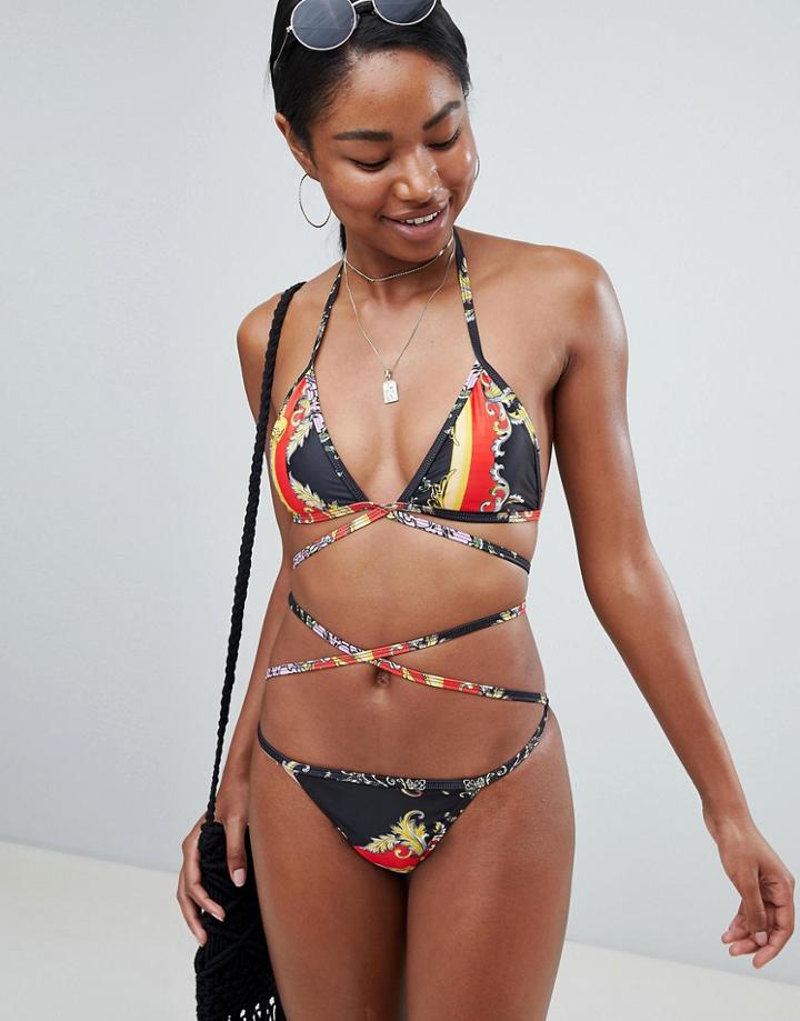 Prettylittlething Printed Wrap Detail Bikini Top - Black
