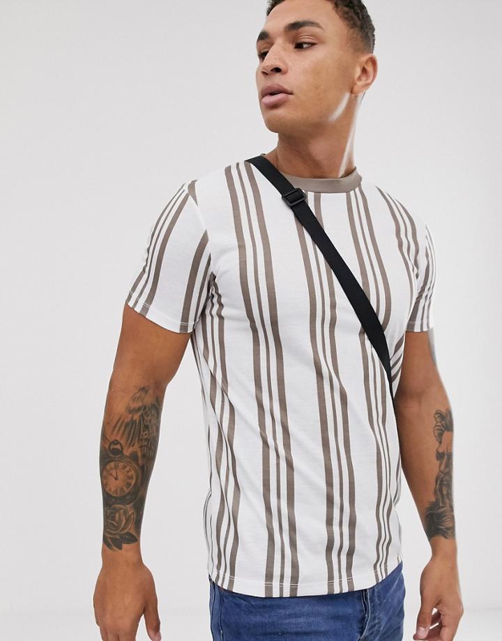Asos Design Vertical Stripe T-shirt In Beige And White-multi