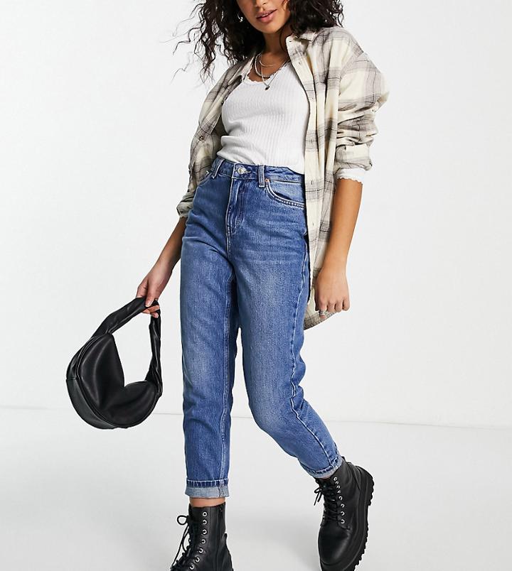 Topshop Petite Mom Jeans In Mid Blue-blues