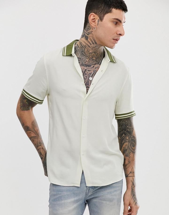 Asos Design Oversized Viscose Shirt In Ecru With Khaki Rib Detail - Cream