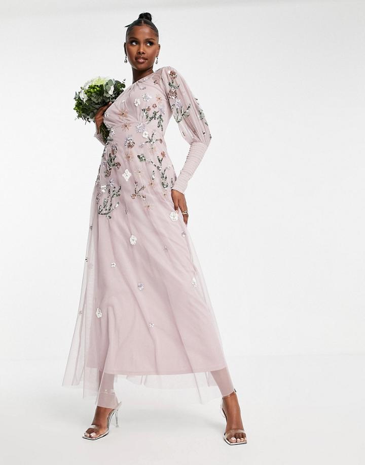 Frock And Frill Bridesmaid Maxi Smock Dress With Embellished Detail In Dusty Mauve-purple