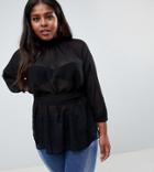 Asos Design Curve Sheer Belted Blouse With Split Back - Black